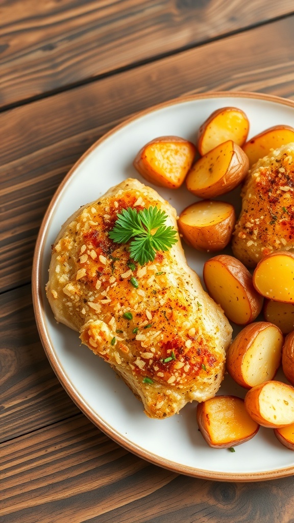 Parmesan Garlic Chicken and Potatoes Recipe Parmesan garlic chicken with crispy potatoes, garnished with parsley on a rustic table.